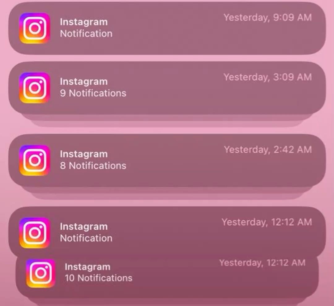 An iPhone Notification Center filled with a stack of near-identical Instagram notifications from the previous day, each reading "9 Notifications" or "10 Notifications" — the wall of repeated low-stakes signals a brain learns to filter out.